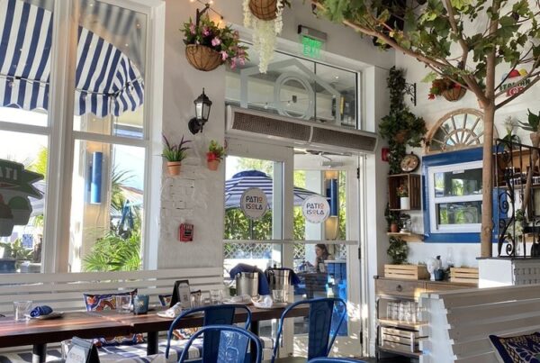 Interior de un restaurante luminoso con sillas de metal azul, mesas de madera y varias plantas en macetas que cuelgan del techo y las paredes. Grandes ventanales dejan entrar la luz natural y desde el exterior se ve un toldo a rayas.