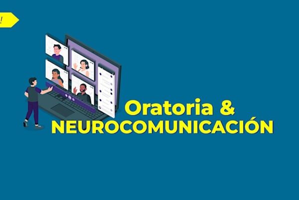 Ilustración de una persona participando en una reunión online junto a otras cinco personas en una pantalla, junto al texto "¡NUEVO! Oratoria & Neurocomunicación" en negrita amarilla.