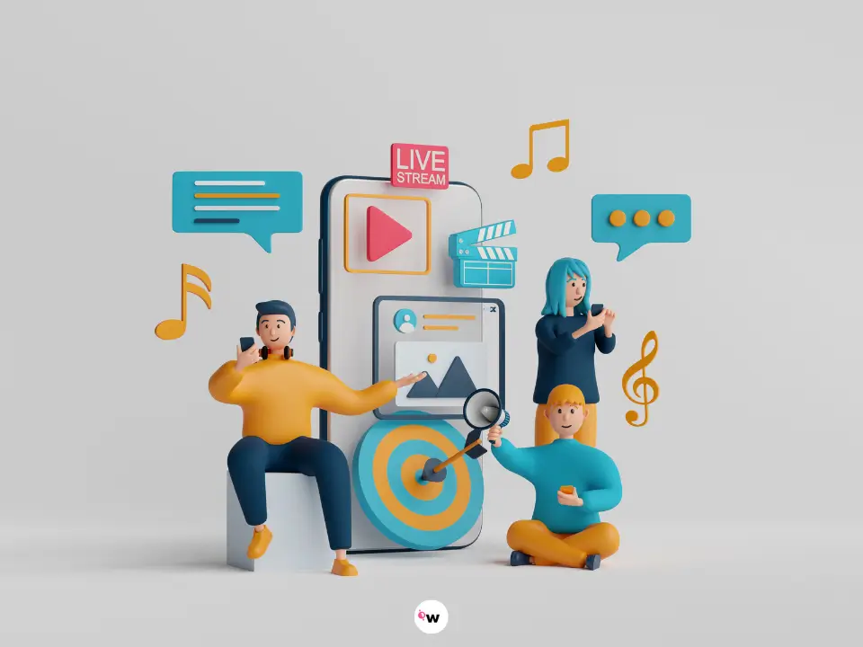 Ilustración de tres personas que utilizan un teléfono inteligente gigante, rodeado de iconos de mensajes, notas musicales y multimedia. Una persona está transmitiendo en vivo, otra está haciendo una llamada y una tercera está reproduciendo música.